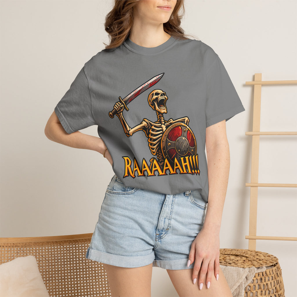 Skeleton Warrior T-Shirt — "RAAAAAH!!!" Sword & Shield Graphic