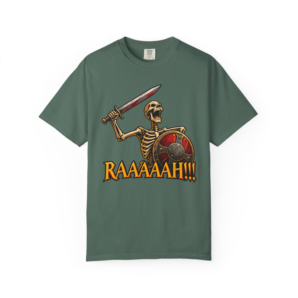 Skeleton Warrior T-Shirt — "RAAAAAH!!!" Sword & Shield Graphic