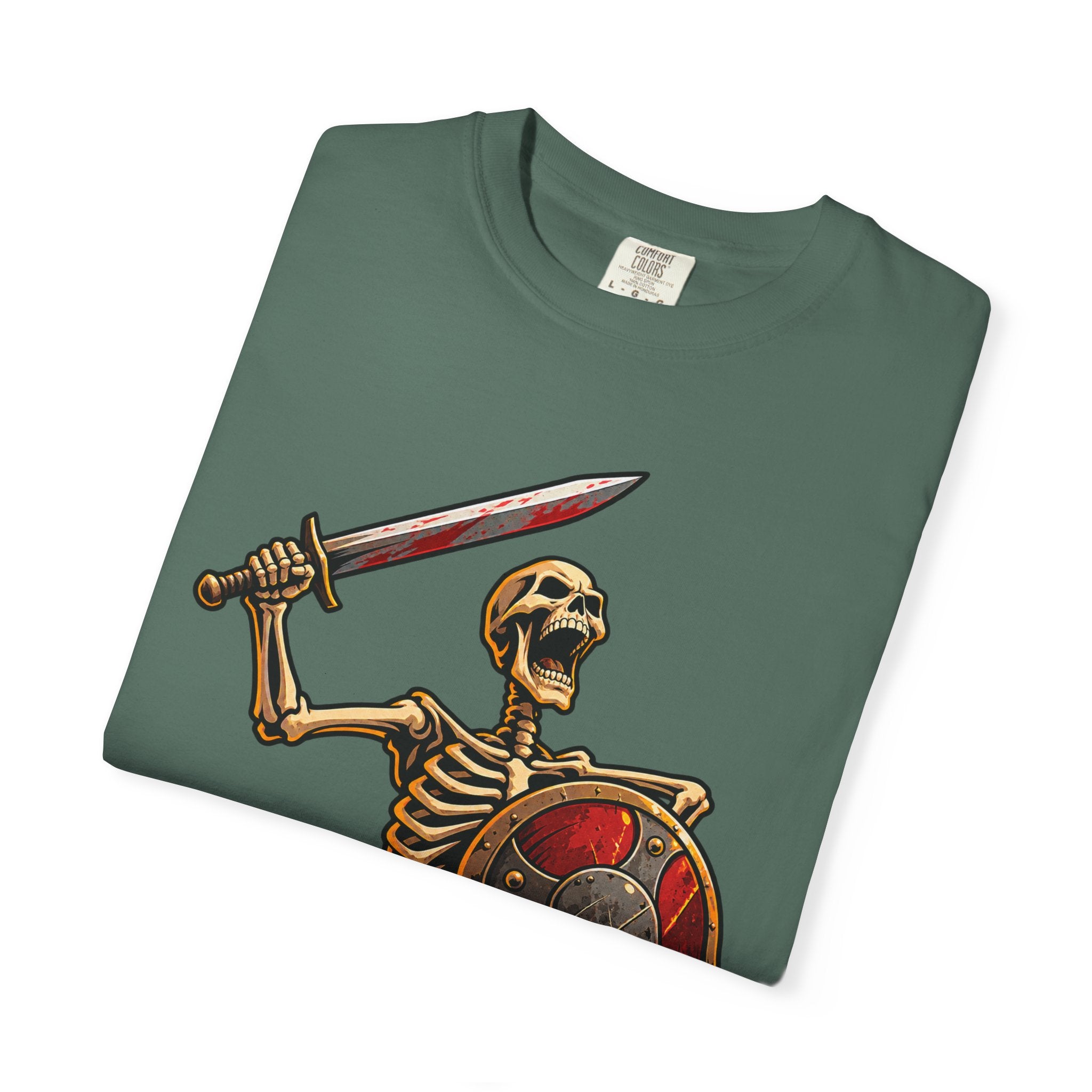 Skeleton Warrior T-Shirt — "RAAAAAH!!!" Sword & Shield Graphic