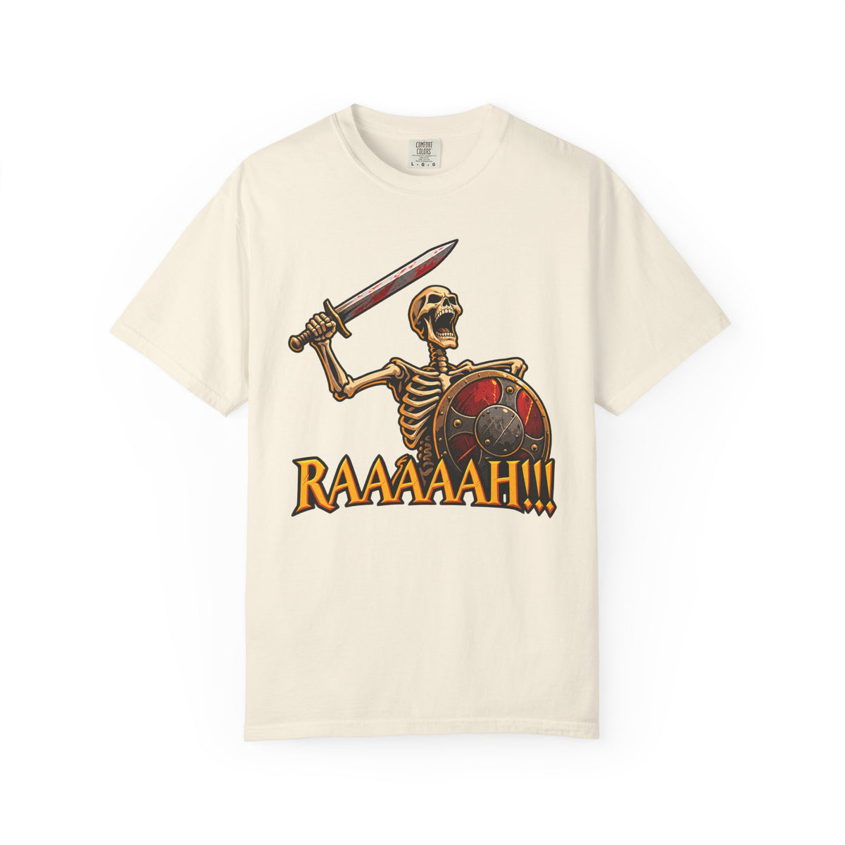 Skeleton Warrior T-Shirt — "RAAAAAH!!!" Sword & Shield Graphic