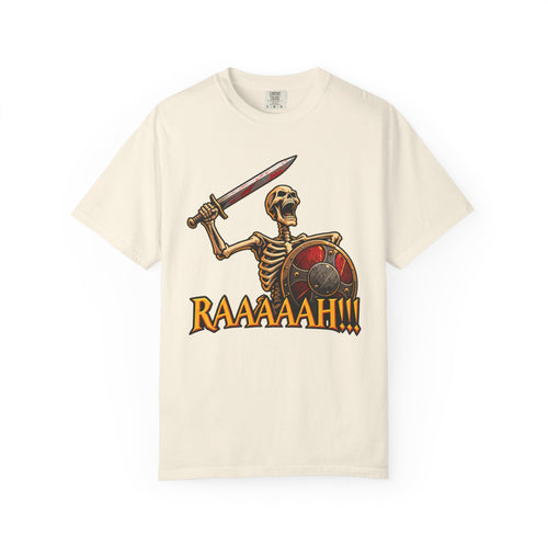 Skeleton Warrior T-Shirt — "RAAAAAH!!!" Sword & Shield Graphic