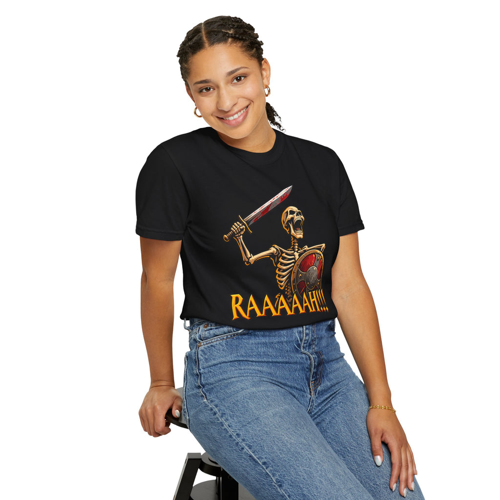 Skeleton Warrior T-Shirt — "RAAAAAH!!!" Sword & Shield Graphic