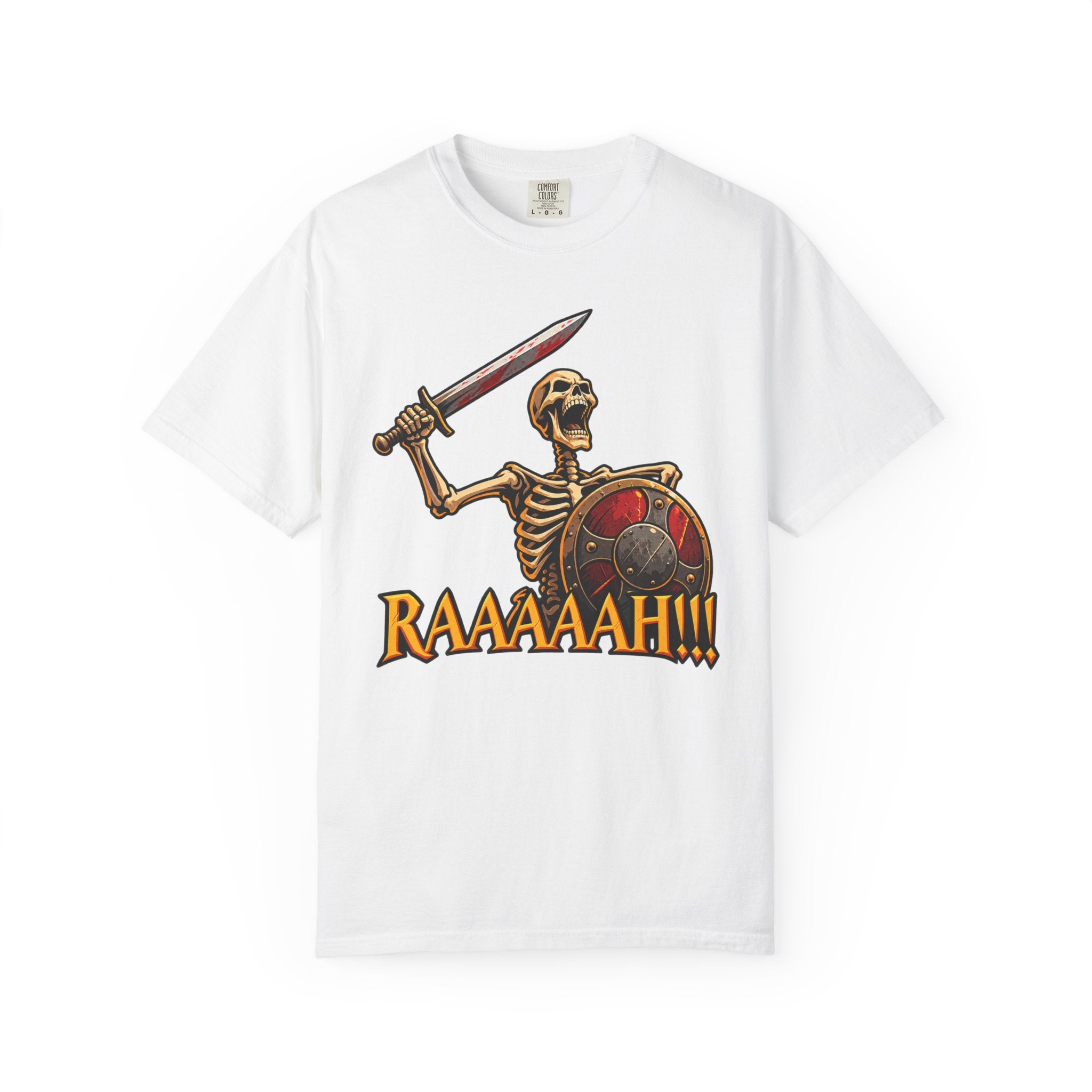 Skeleton Warrior T-Shirt — "RAAAAAH!!!" Sword & Shield Graphic