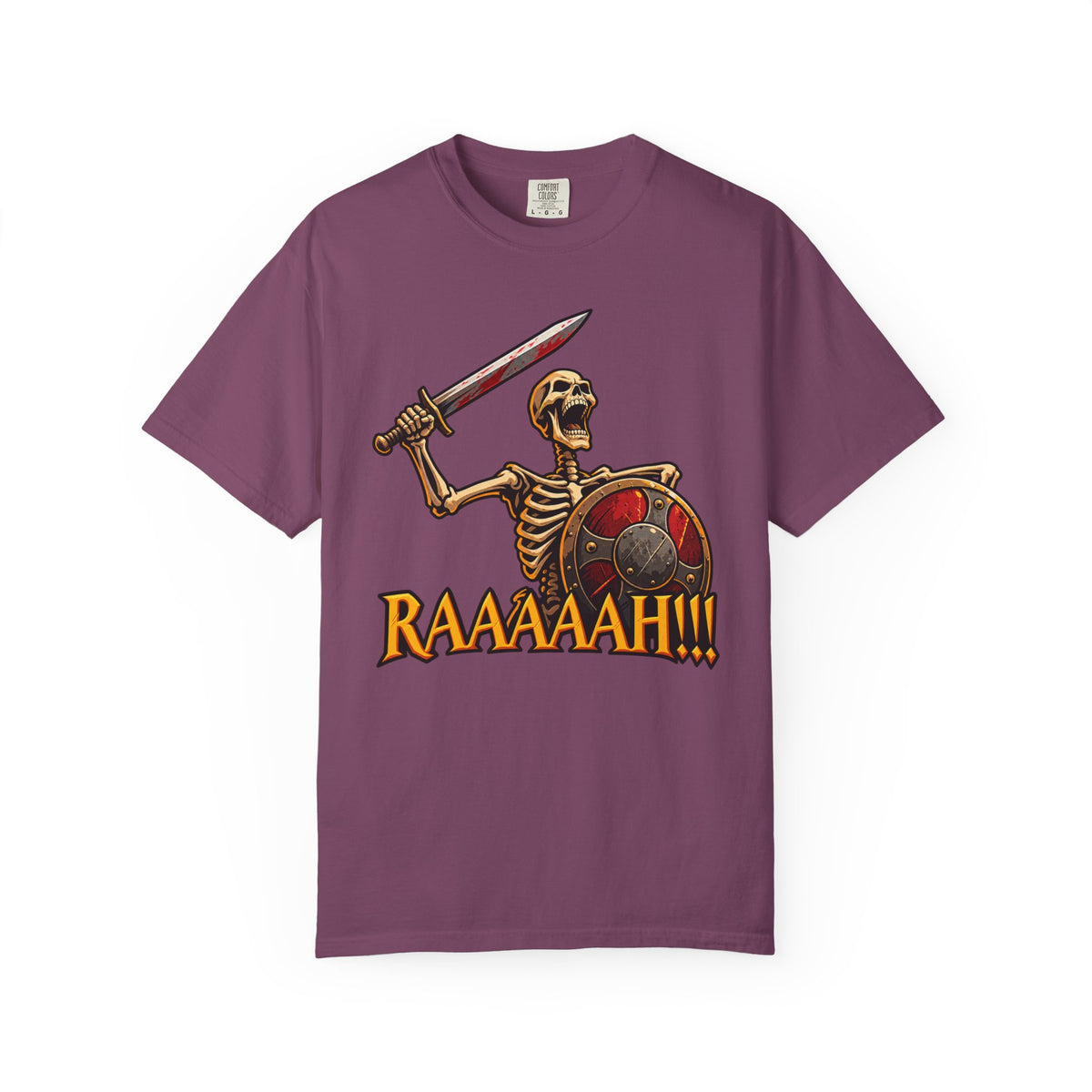 Skeleton Warrior T-Shirt — "RAAAAAH!!!" Sword & Shield Graphic