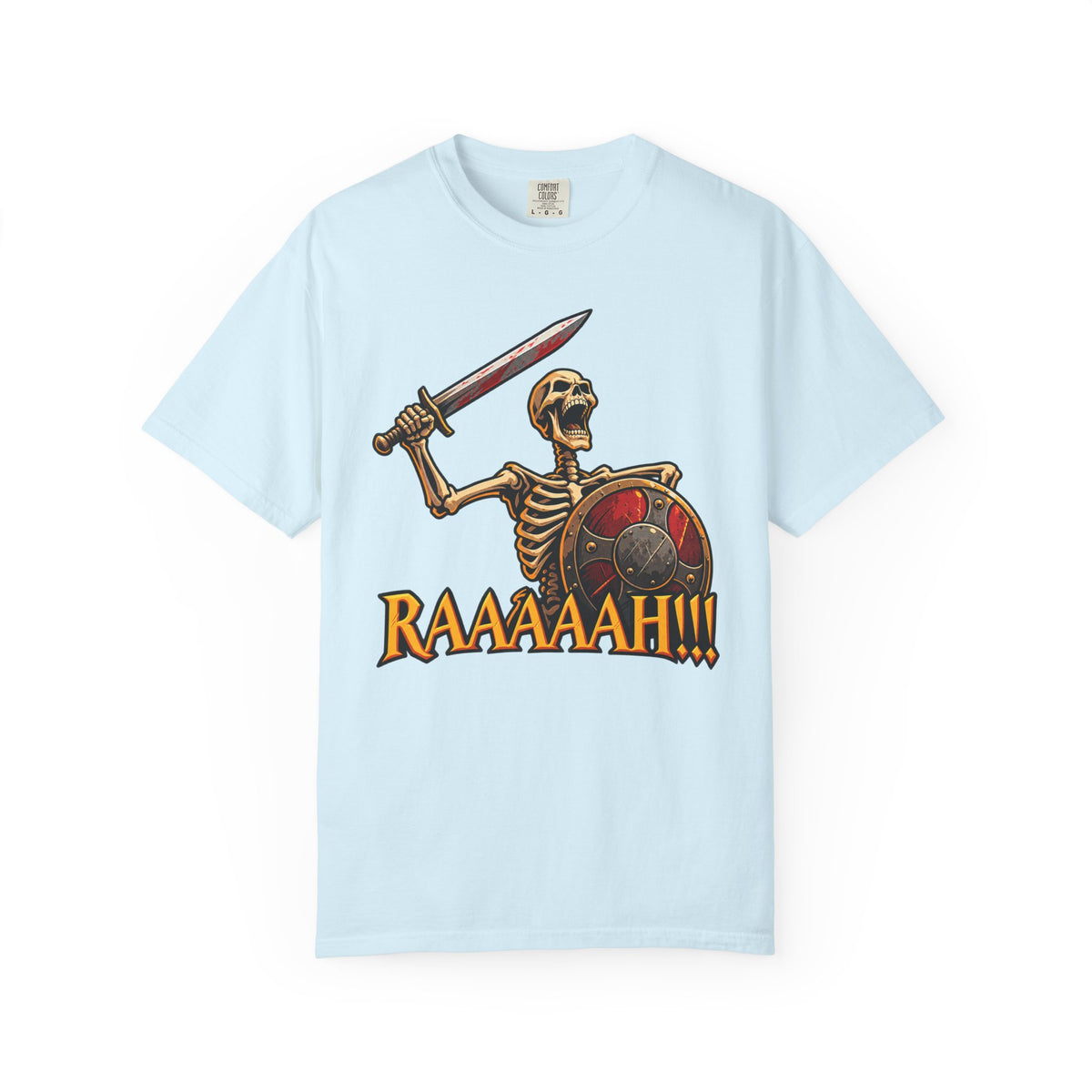 Skeleton Warrior T-Shirt — "RAAAAAH!!!" Sword & Shield Graphic