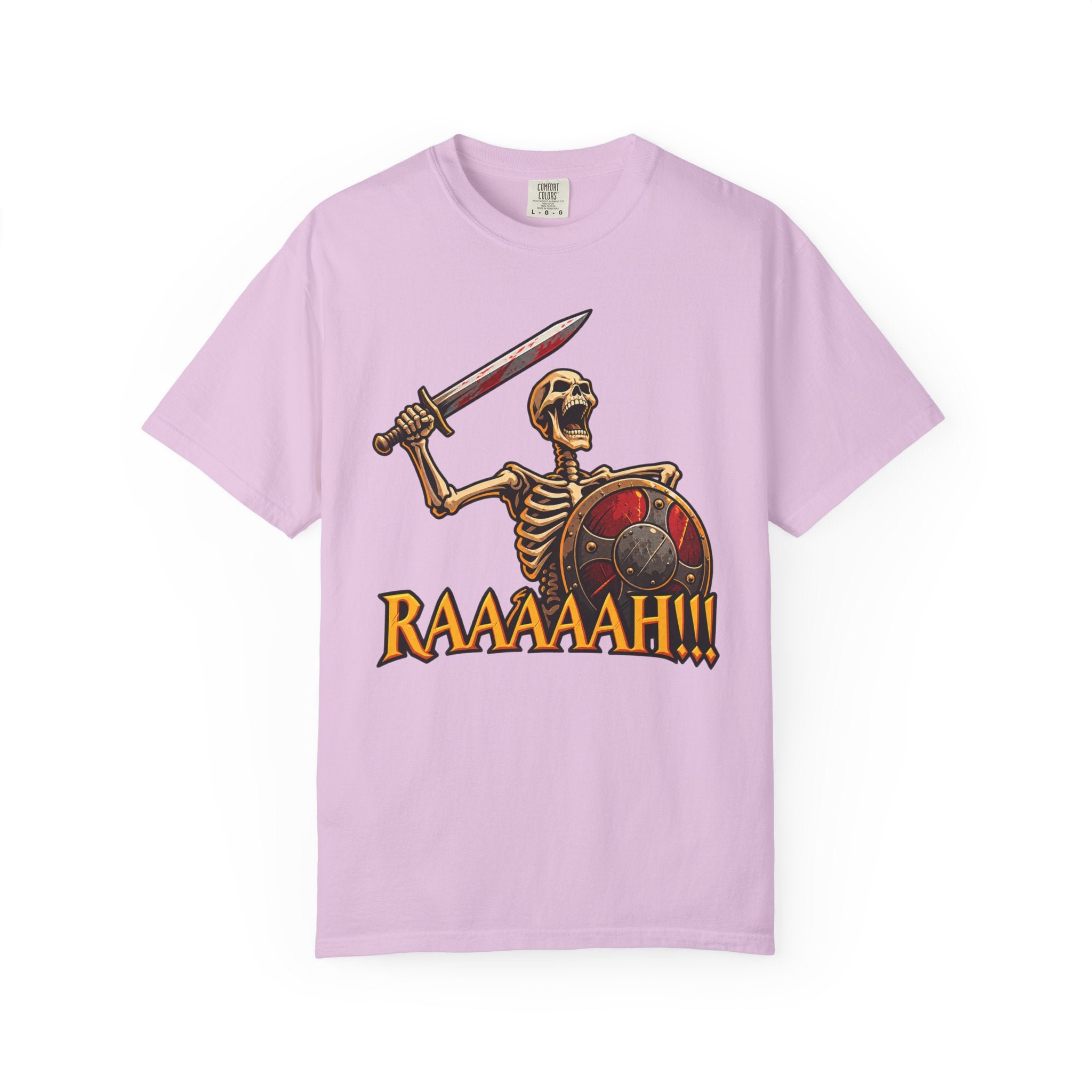 Skeleton Warrior T-Shirt — "RAAAAAH!!!" Sword & Shield Graphic