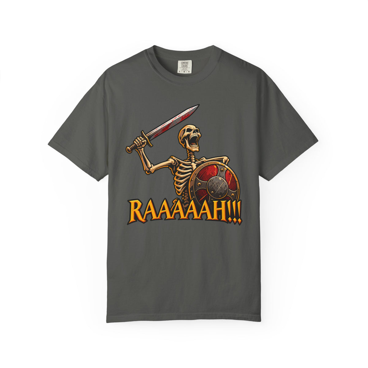 Skeleton Warrior T-Shirt — "RAAAAAH!!!" Sword & Shield Graphic