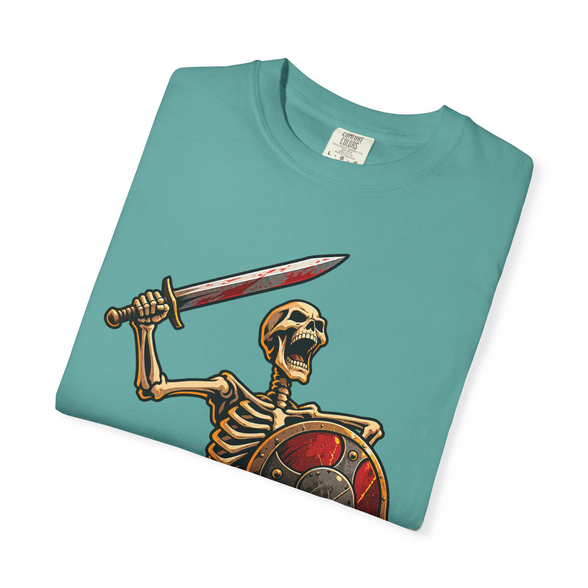 Skeleton Warrior T-Shirt — "RAAAAAH!!!" Sword & Shield Graphic