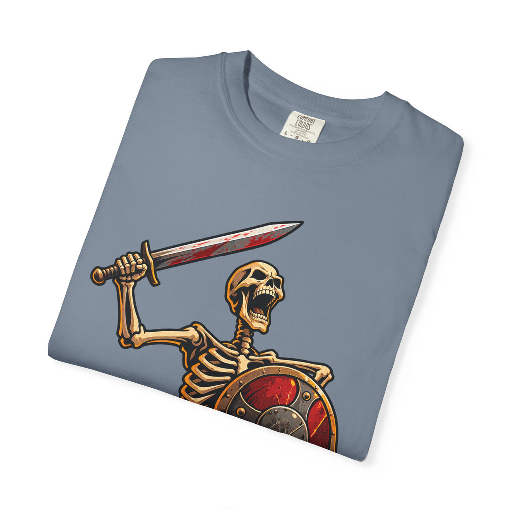 Skeleton Warrior T-Shirt — "RAAAAAH!!!" Sword & Shield Graphic