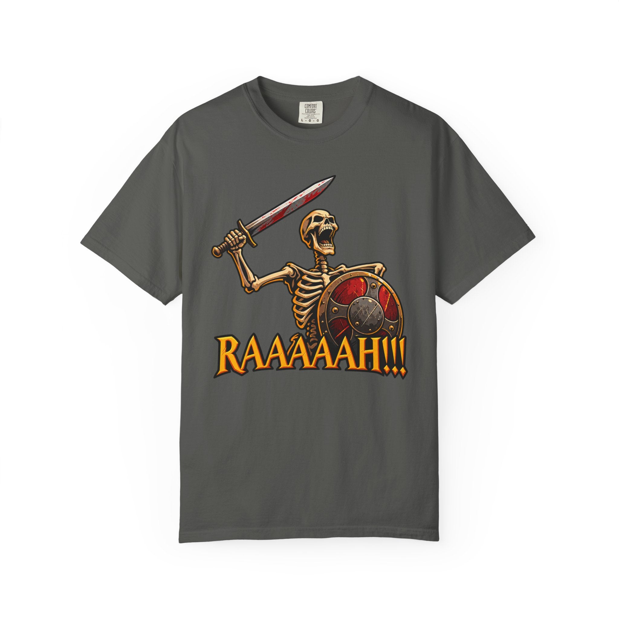 Skeleton Warrior T-Shirt — "RAAAAAH!!!" Sword & Shield Graphic