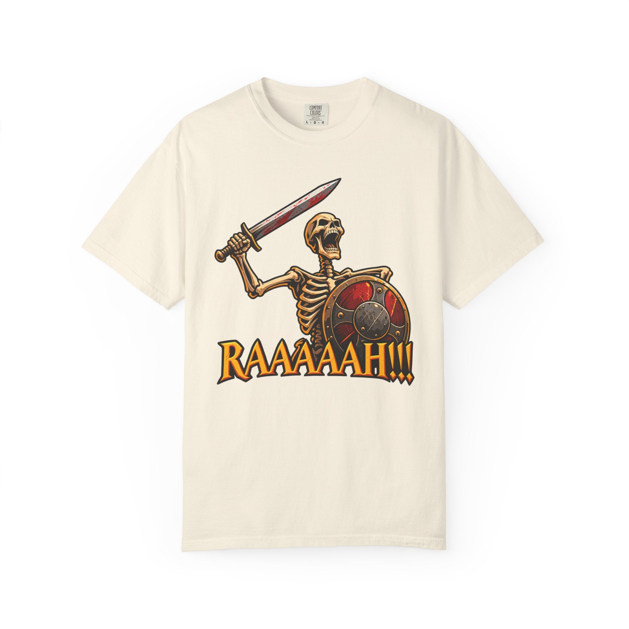Skeleton Warrior T-Shirt — "RAAAAAH!!!" Sword & Shield Graphic