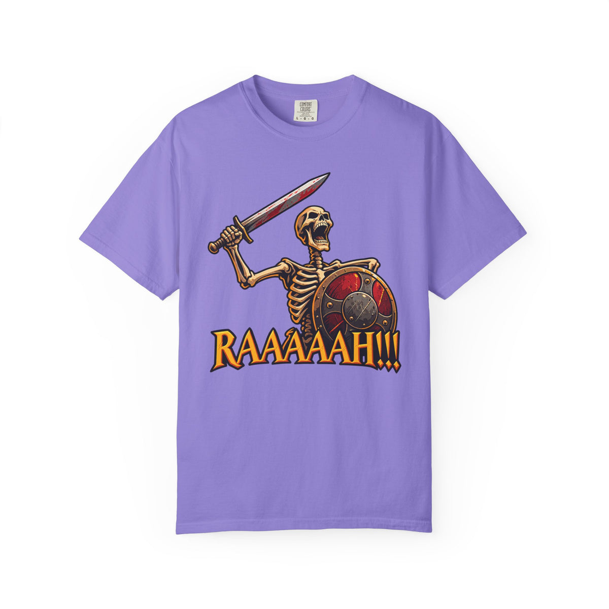 Skeleton Warrior T-Shirt — "RAAAAAH!!!" Sword & Shield Graphic