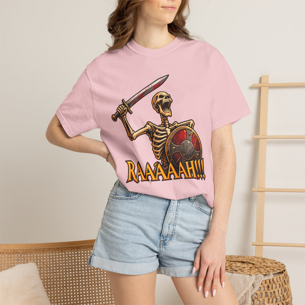 Skeleton Warrior T-Shirt — "RAAAAAH!!!" Sword & Shield Graphic