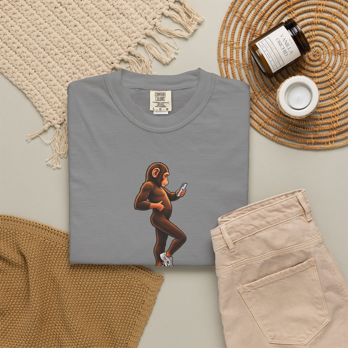 Little Monkey Holding Phone Graphic T-Shirt