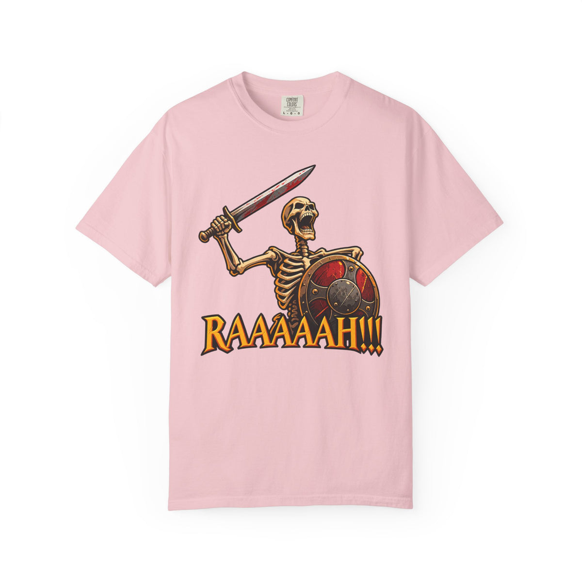 Skeleton Warrior T-Shirt — "RAAAAAH!!!" Sword & Shield Graphic