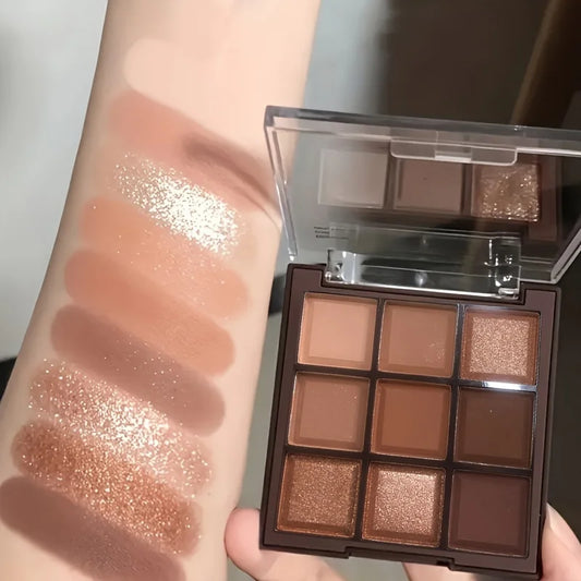 "Mocha Chocolate 9-Color Eyeshadow Palette: Matte and Pearly Glitter Finish for Rich, Chocolate Looks"