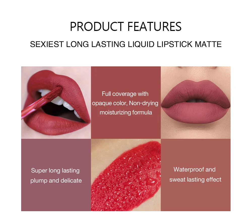 6-Piece Matte Liquid Lipstick Makeup Set - Long-Lasting, Non-Stick Cup, Waterproof Formula