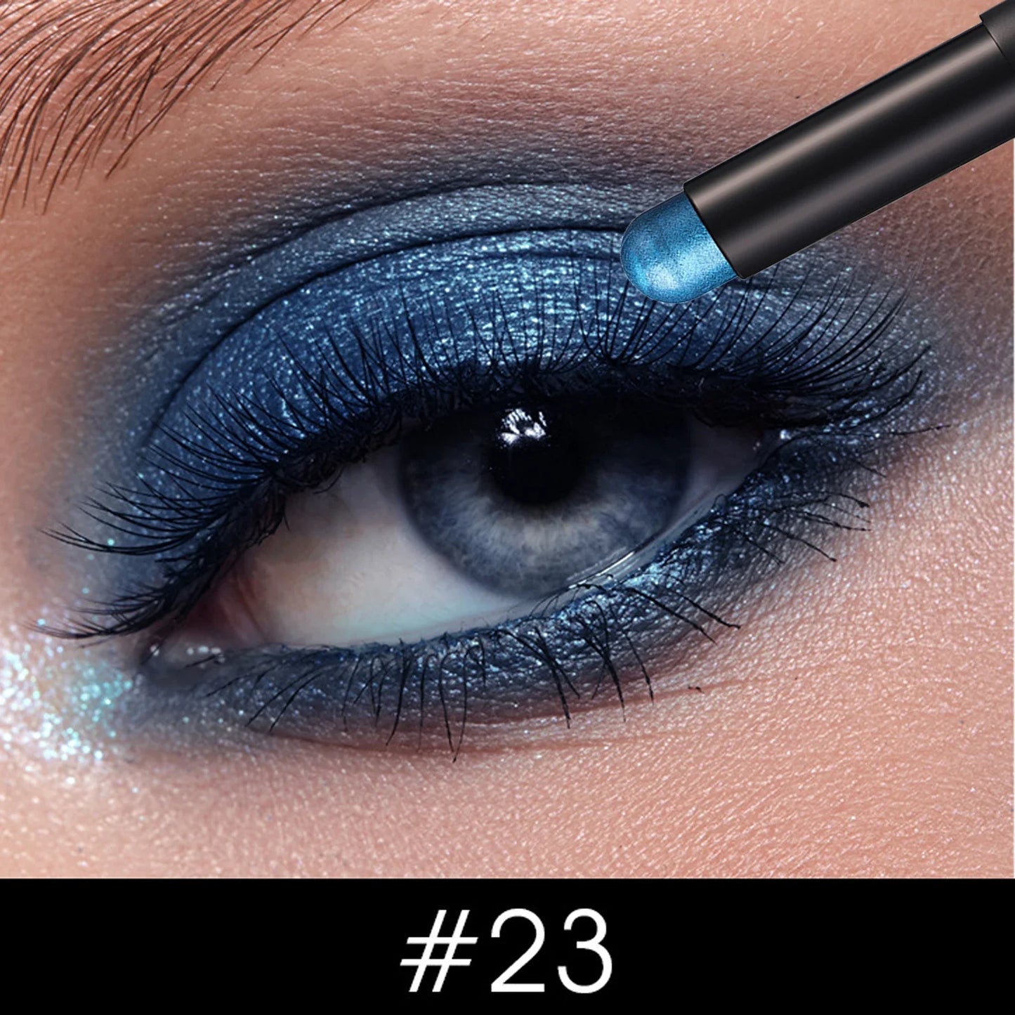 "Smoky Dark Blue Eyeshadow Pencil: Waterproof Pearlescent Stick with 16 Metallic Glitter Shades"